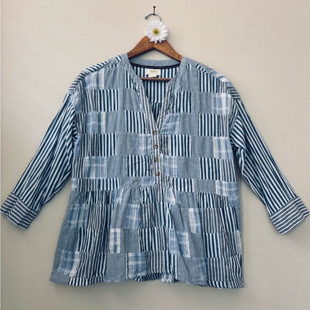Maeve by Anthropologie patchwork top in denim blue and white.